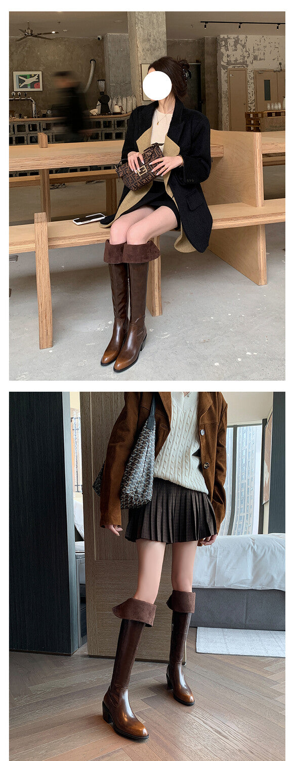 Karin Luna exploded  Three versions exploded Single Fleece Lining Fur Collar Version  Thick Fur Collar Foldable Hot-Selling Full Cowhide Pointed Toe Chunky Heel Classic Style