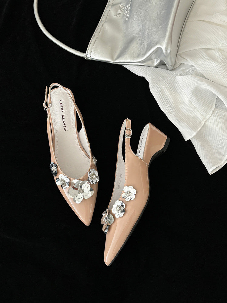 Karin Luna In Stock In Stock  Sequin Floral Pointed Toe Chunky Heel Closed-Toe Sandals
