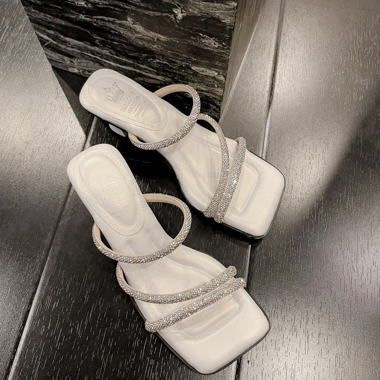 Karin Luna In Stock Spot Goods  Minimalist Versatile Square Toe Rhinestone Strap Open-Toe Sandals