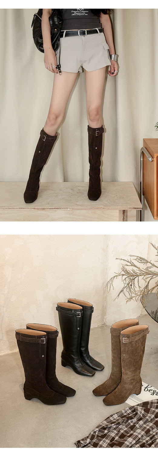 Karin Luna Belt Buckle Elegant Chunky Heel Suede Western Boots