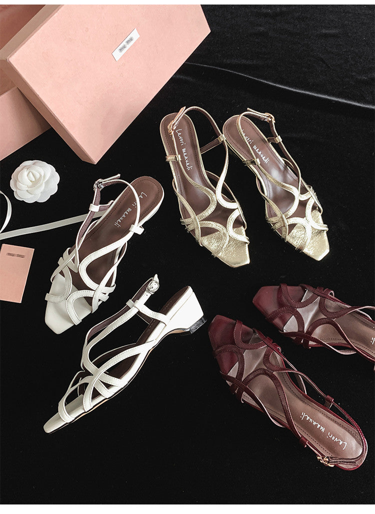 Karin Luna French Hollow Style Small Square Toe Chunky Heel Sandals