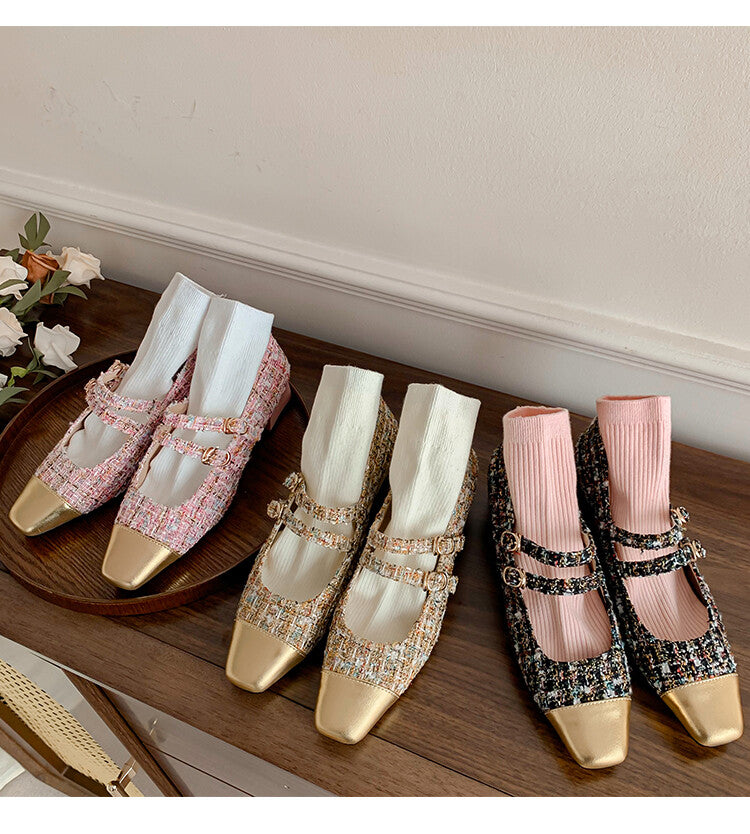 Karin Luna Classic Chanel Style~ Tweed Spring Limit Square Toe Chunky Heel Mary Jane Strap Single Shoes