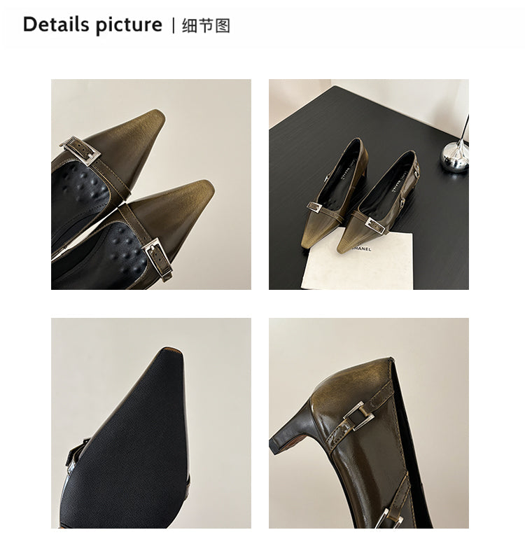 Karin Luna In Stock In Stock Retro Belt Buckle Small Square Toe Chunky Heel Single Shoes