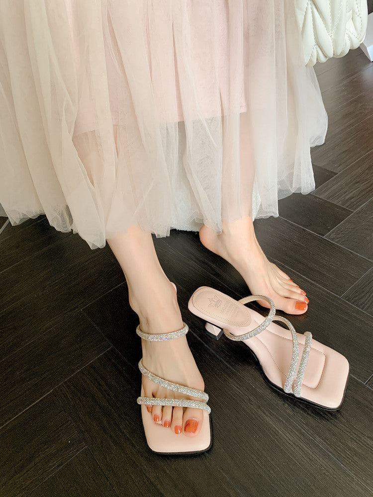 Karin Luna In Stock Spot Goods  Minimalist Versatile Square Toe Rhinestone Strap Open-Toe Sandals