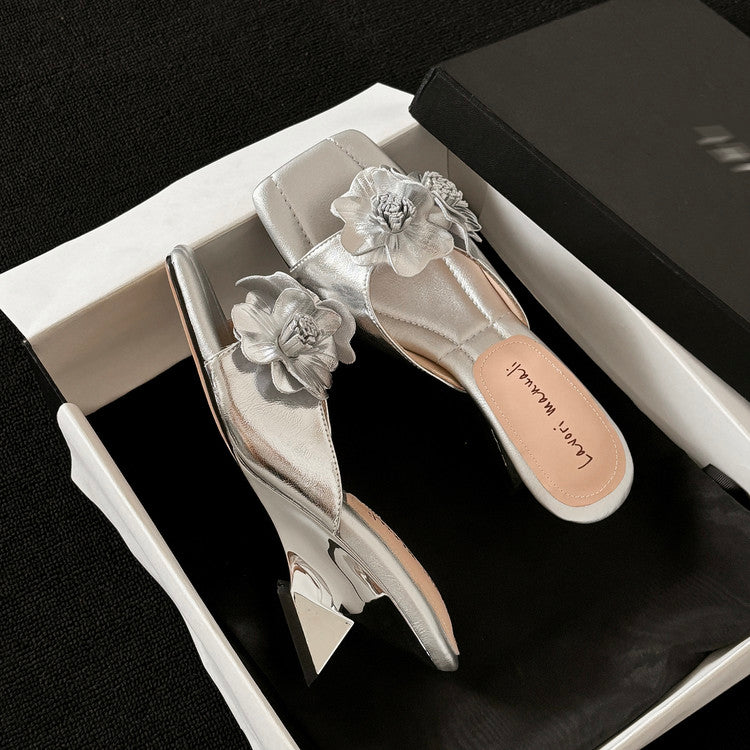 Karin Luna In Stock Spot Goods Camellia Classic style retro square toe shaped heel slippers