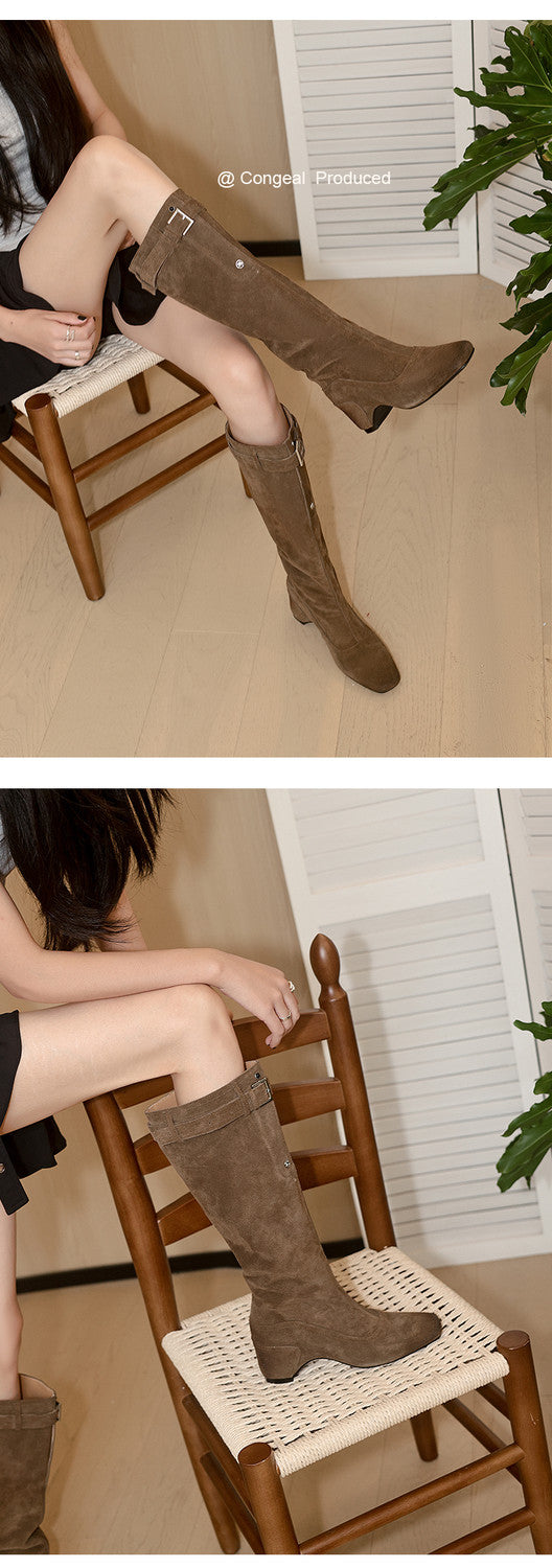 Karin Luna Belt Buckle Elegant Chunky Heel Suede Western Boots