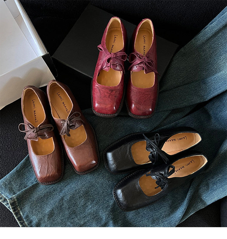 Karin Luna In Stock Spot Goods   Full leather inside and out Vegetable Tanned Hand-Grabbed Sheepskin Square-Toed Chunky Heel Single Shoes