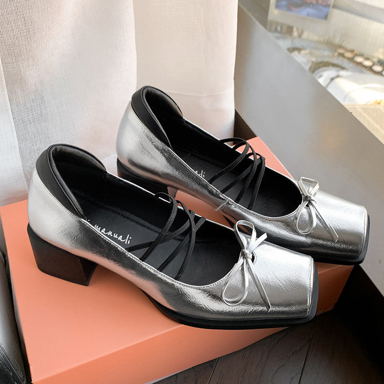 Karin Luna In Stock Spot Goods  Popular Self-flowing Bowknot Square Toe Chunky Heel Single Shoes