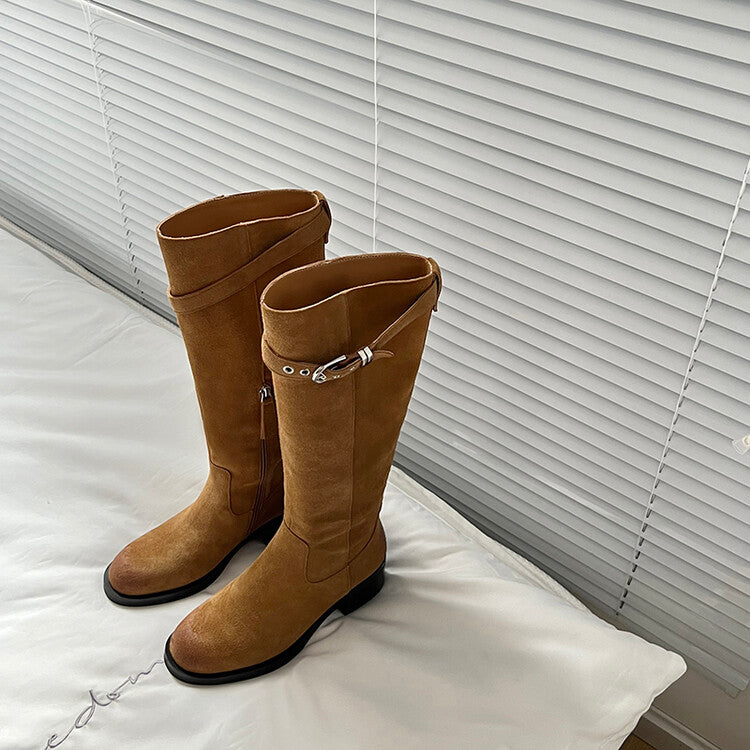 Karin Luna Chunky Heels Round Head Belt Buckle  Fashionable Suede Boots