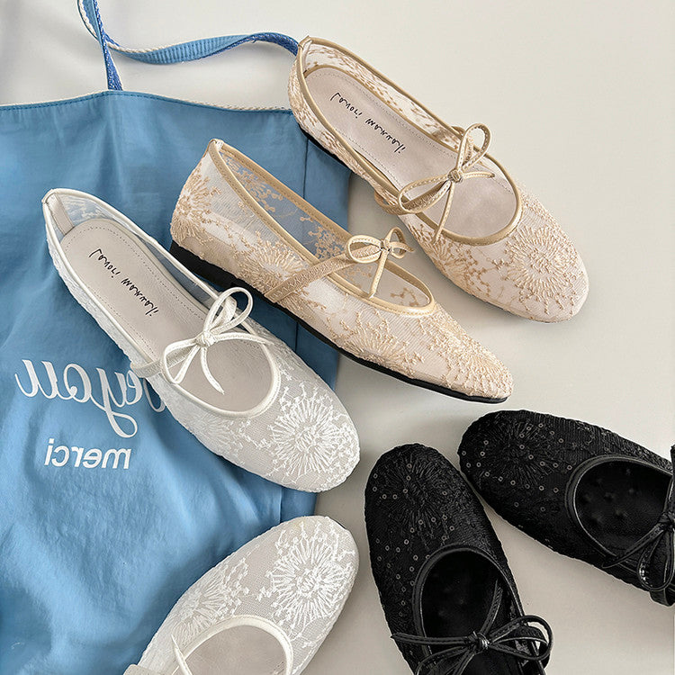 Karin Luna In Stock Spot Goods  Summer Breathable Retro Embroidered Bow Granny Shoes