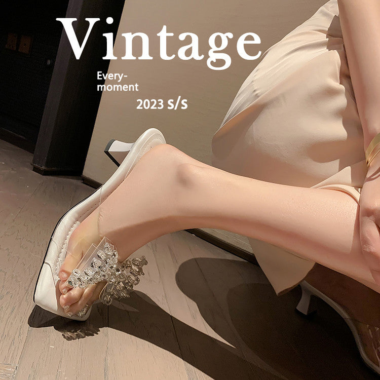 Karin Luna In Stock In Stock Transparent Bow Square Toe Suede Open Toe Sandals