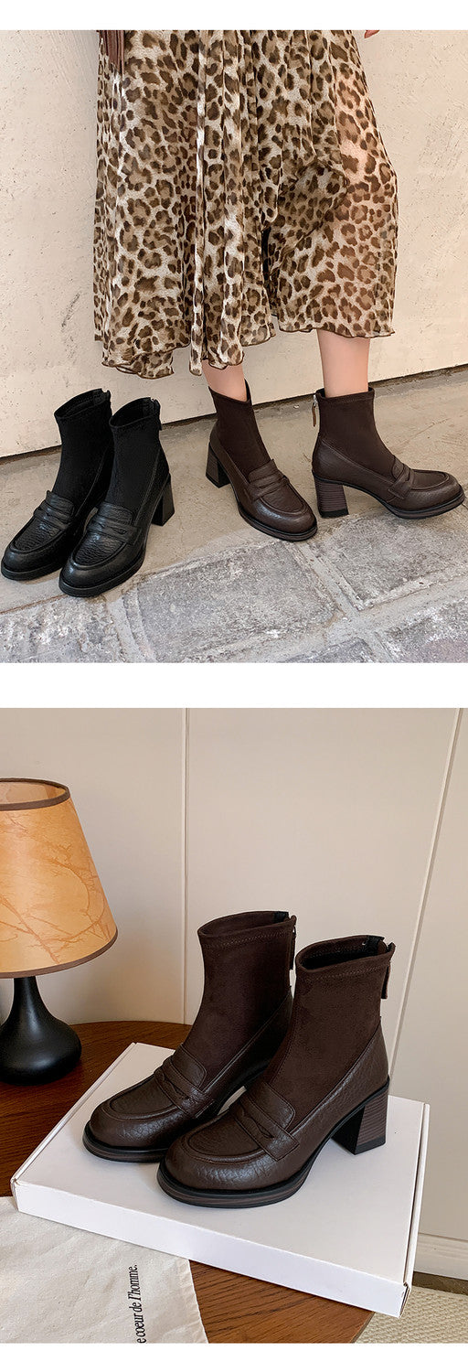Karin Luna Hot-Selling Element Round Toe Elephant Pattern Elastic Thick Heel Short Boots