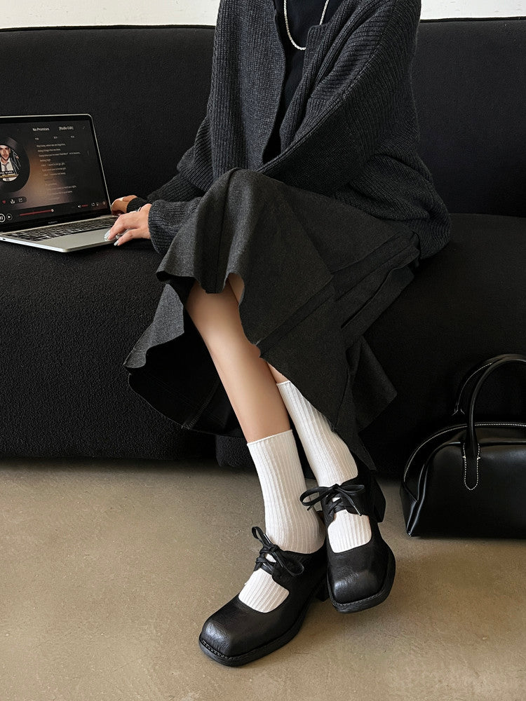 Karin Luna In Stock Spot Goods   Full leather inside and out Vegetable Tanned Hand-Grabbed Sheepskin Square-Toed Chunky Heel Single Shoes