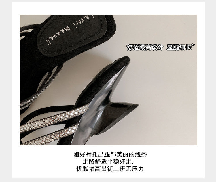 Karin Luna In Stock Spot Goods  Rhinestone Cross Strap Square Toe High Heel Slippers