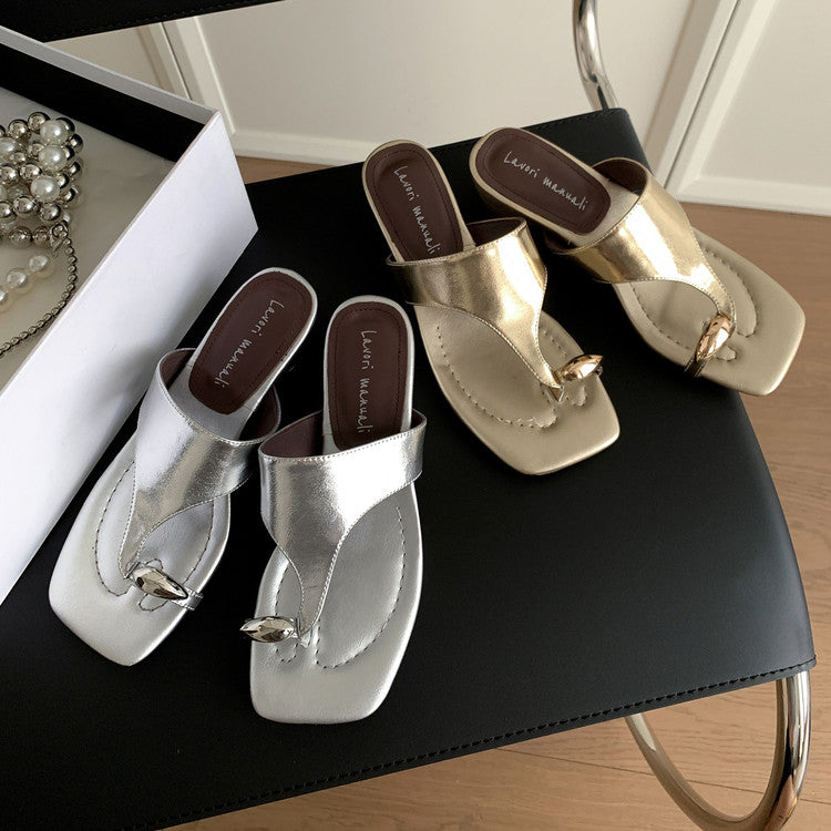 Karin Luna In Stock Spot Goods Clip-toe Square Toe Metal Buckle Minimalist Slippers