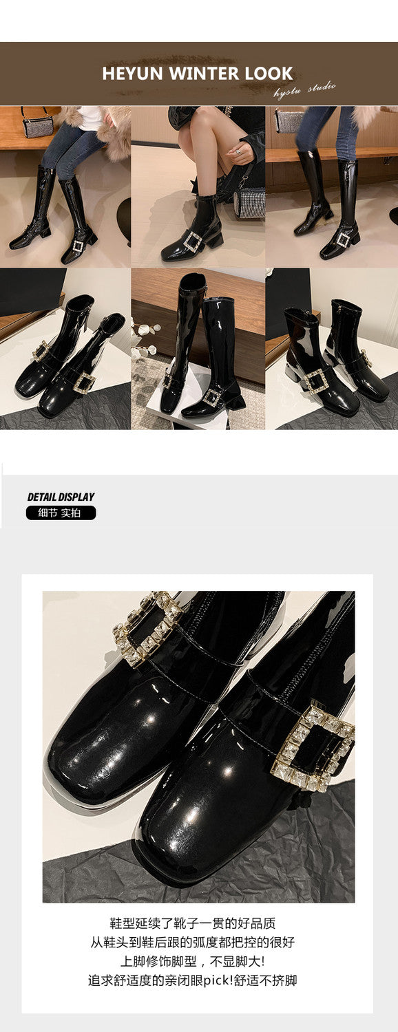 Karin Luna Elegant Style Ultra Slimming Rhinestone Chunky Heel British Style Riding Boots Long Boots