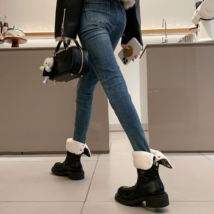 Karin Luna Classic Basic Style   Convertible Foldable Hidden Buckle Snow Fur Shoes Full cowhide Basic Flat Short Boots