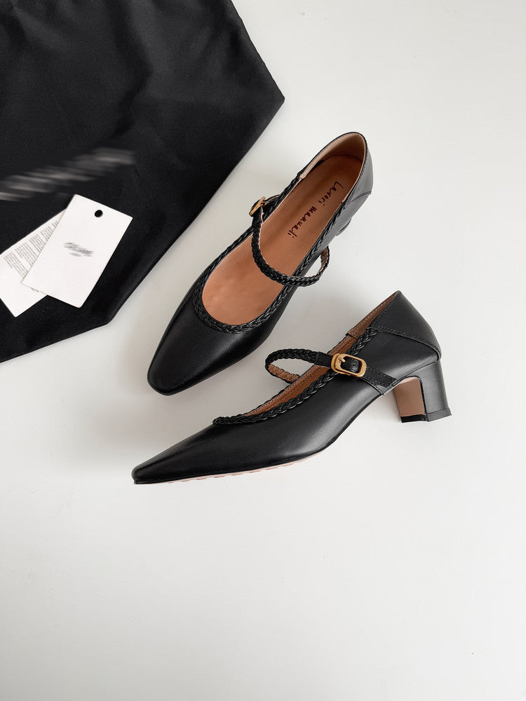 Karin Luna Braided Element Design Chunky Heel Square Toe Single Strap Shoes