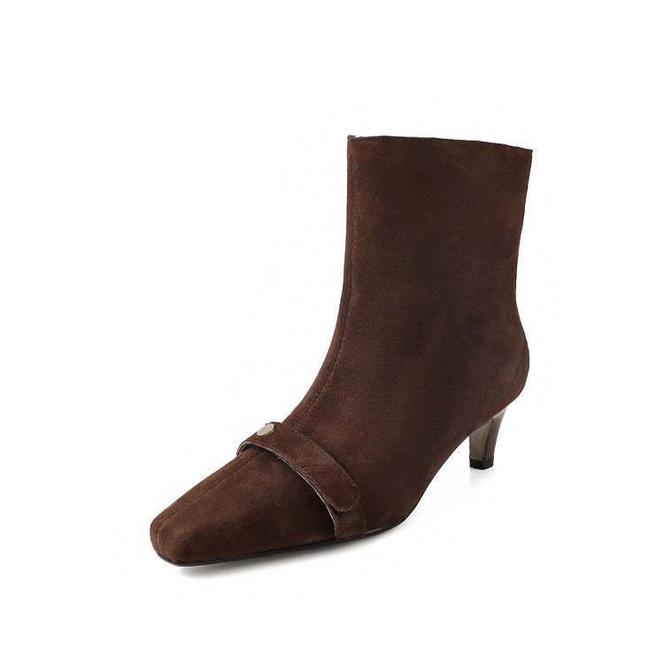 Karin Luna Elegant Style Small Square Toe Belt Buckle Thin Heel Short Boots