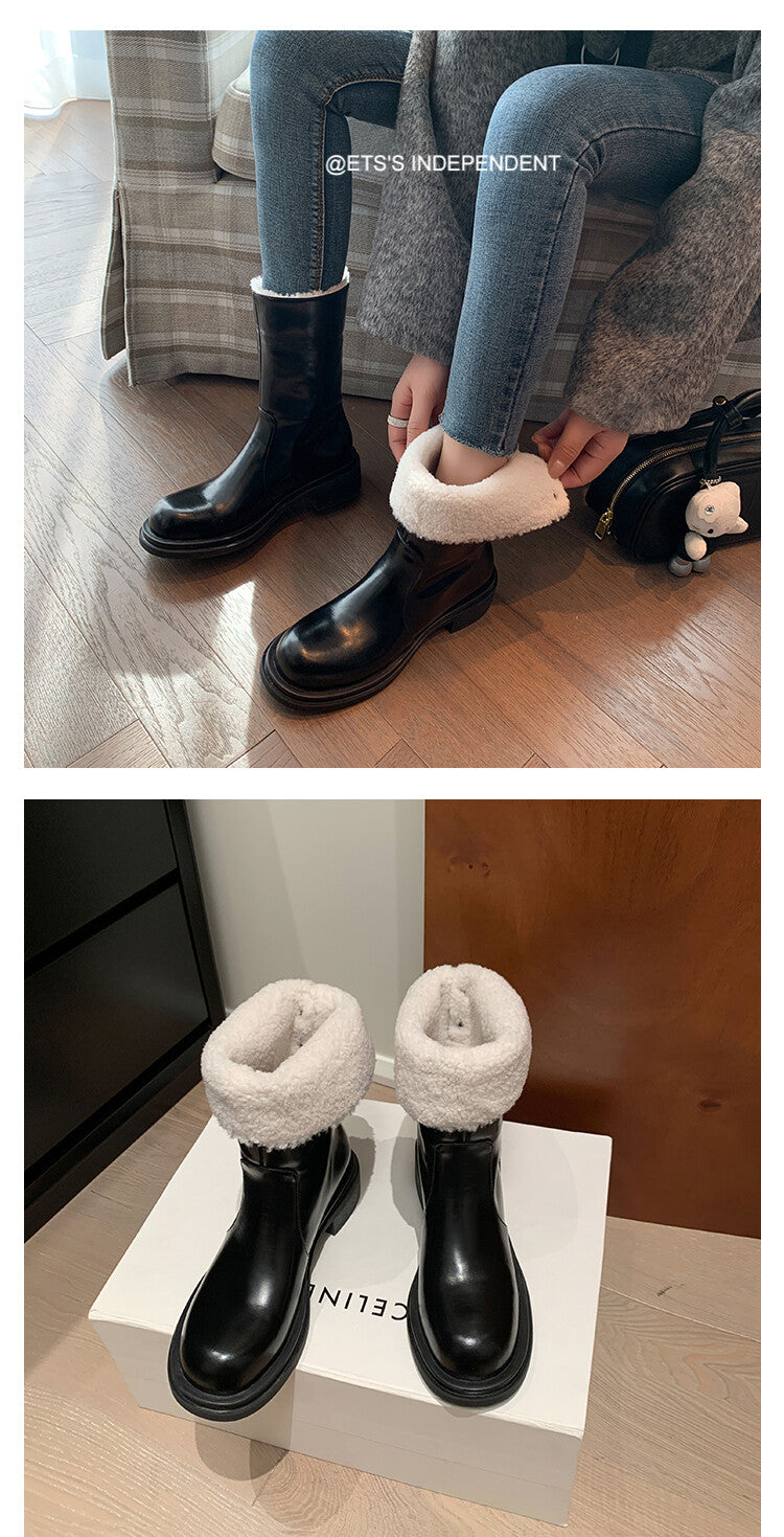 Karin Luna Classic Basic Style   Convertible Foldable Hidden Buckle Snow Fur Shoes Full cowhide Basic Flat Short Boots