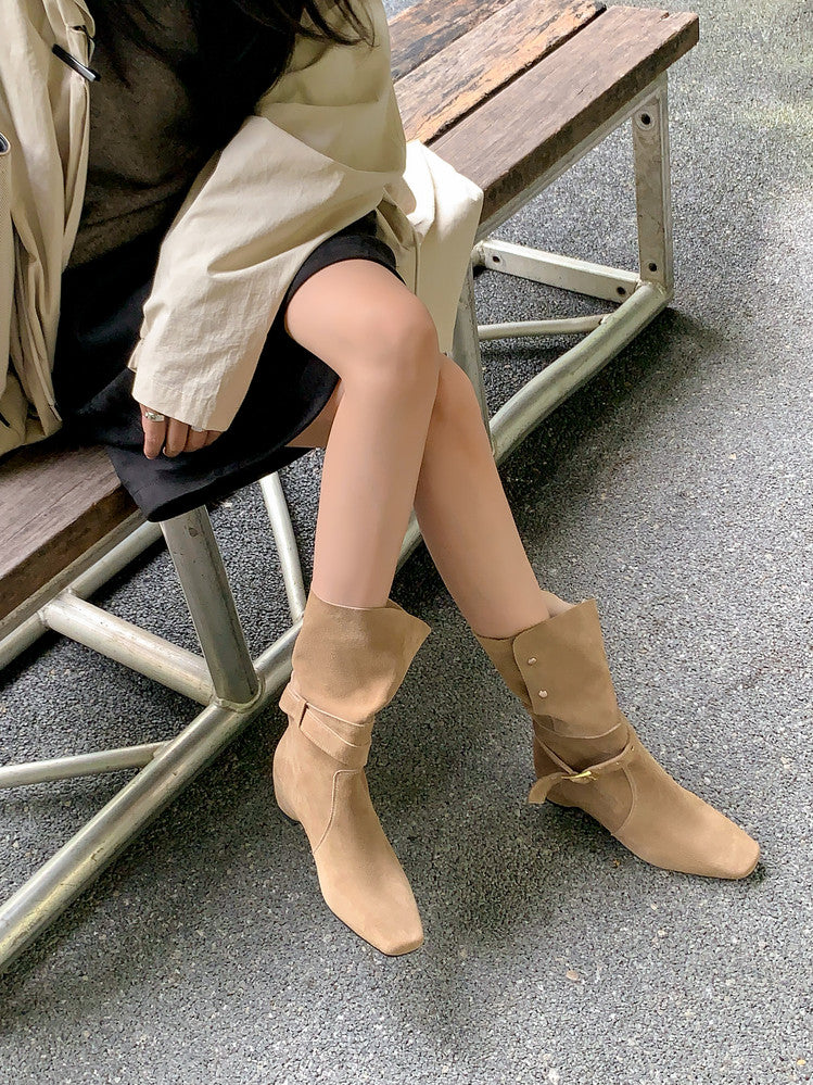 Karin Luna Foldable Belt Buckle Square Toe Hidden Wedge Short Boots