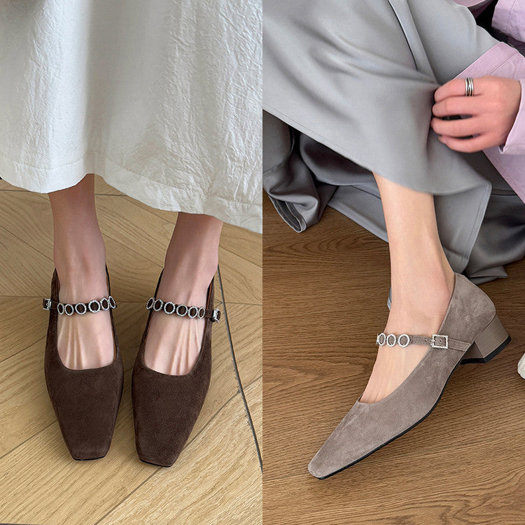 Karin Luna In Stock Spot Goods  Vintage Full Leather Square Toe Rhinestone Strap Shallow Mouth Single Shoes