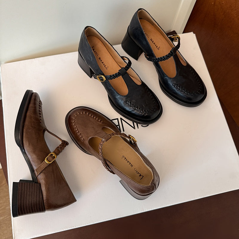 Karin Luna In Stock Spot Goods Vintage Braided Twist High Heels T Round Toe Thick Sole Single Shoes