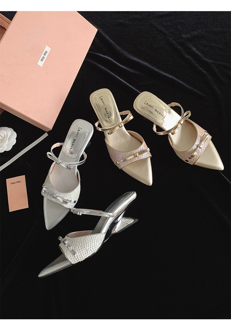 Karin Luna Fish Skin Series~Pointed Toe Irregular Heel Bowknot Strap Slippers
