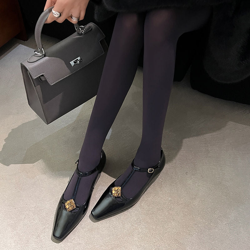 Karin Luna In Stock Spot Goods    Retro Classic Metal Camellia Irregular Heel Single Shoes