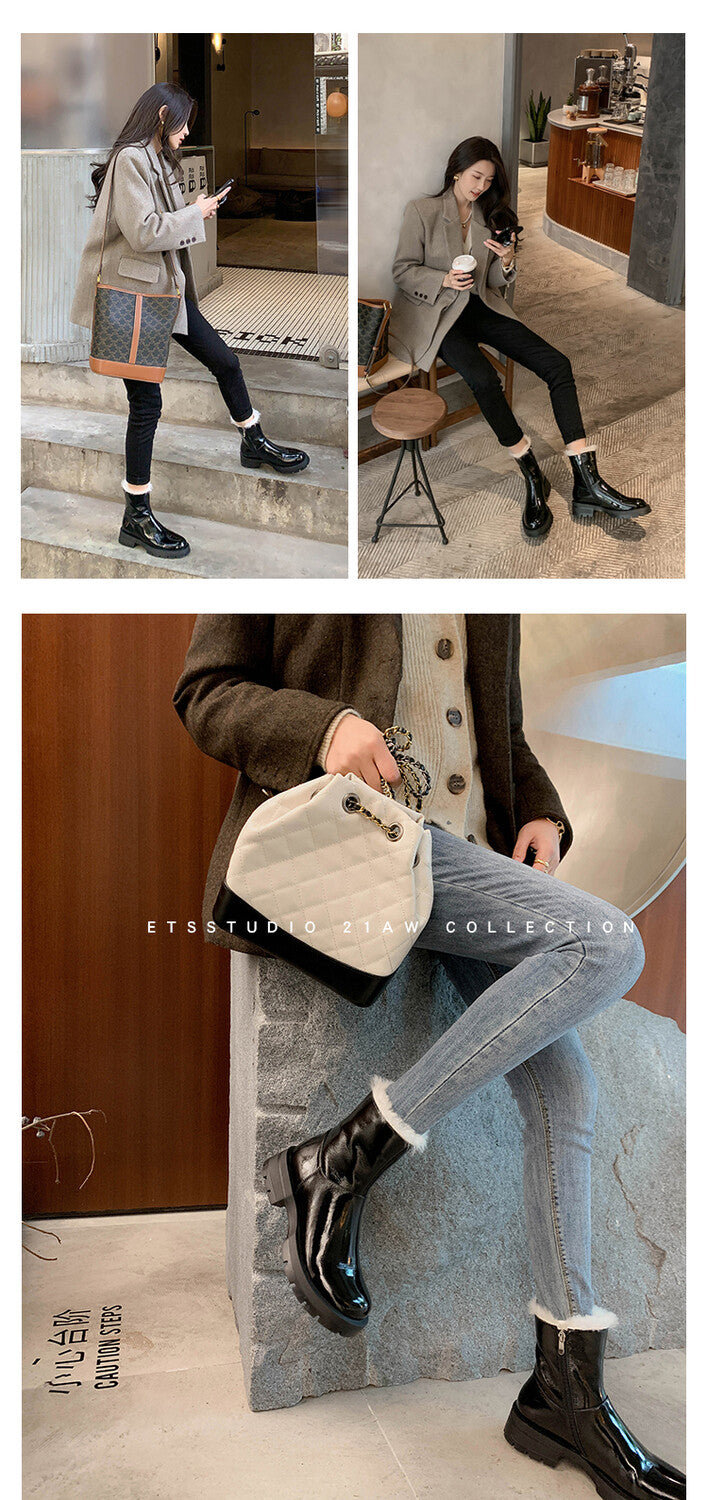 Karin Luna In Stock  Best-selling in stock Thickened Fleece Cow Patent Leather Hot-Selling Flat Short Boots