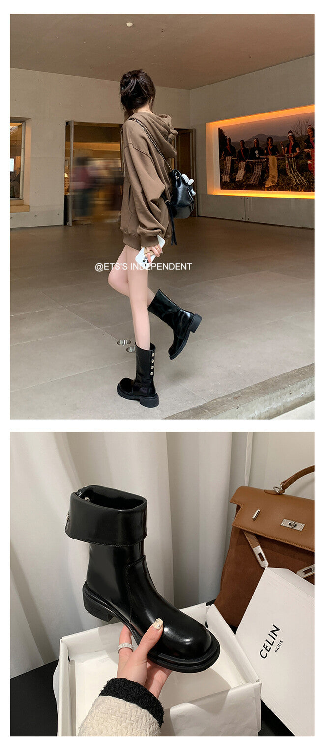 Karin Luna Classic Basic Style   Convertible Foldable Hidden Buckle Snow Fur Shoes Full cowhide Basic Flat Short Boots