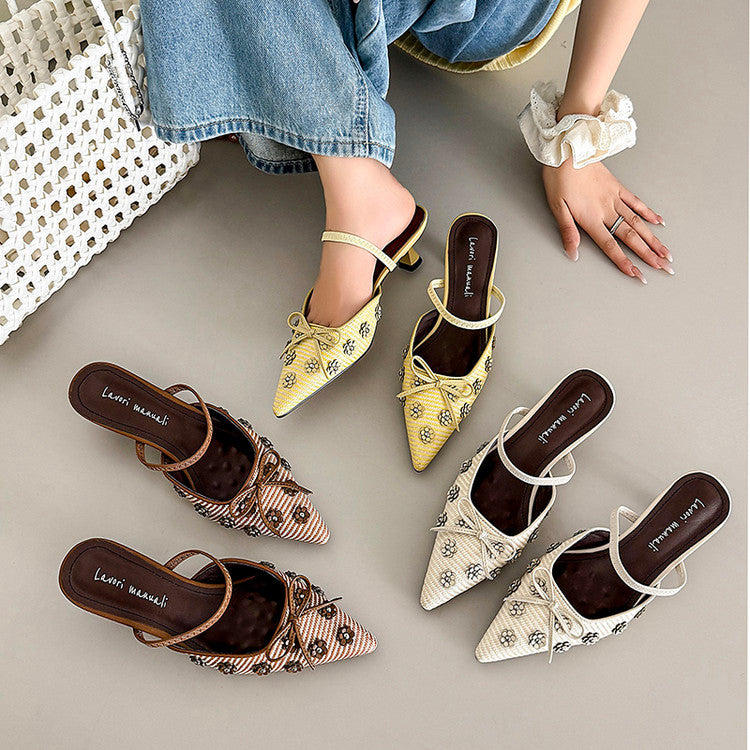 Karin Luna In Stock Spot Goods  Elegant Floral Pointed Toe Rhinestone Slippers