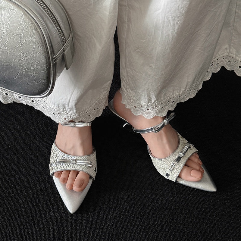 Karin Luna Fish Skin Series~Pointed Toe Irregular Heel Bowknot Strap Slippers