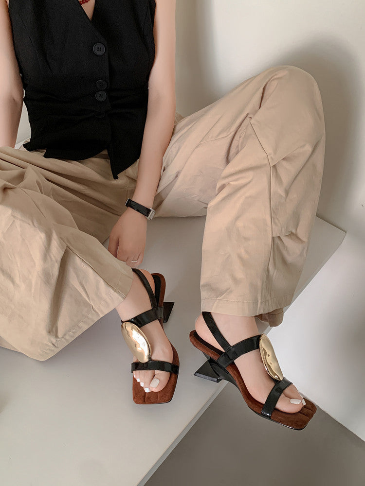 Karin Luna In Stock In Stock  Square Toe Suede Metal Heel Elegant Sandals