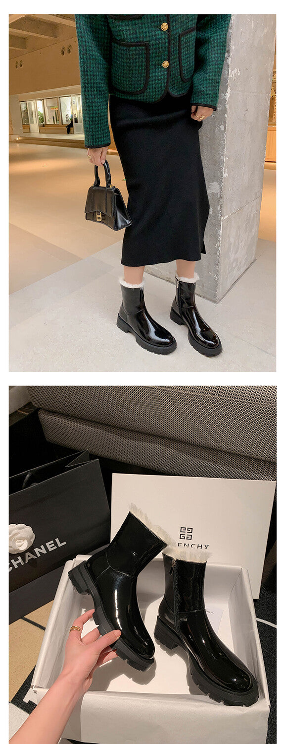Karin Luna In Stock  Best-selling in stock Thickened Fleece Cow Patent Leather Hot-Selling Flat Short Boots