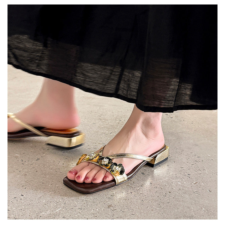 Karin Luna In Stock Spot Goods  One-Strap Sequin Floral Square-Toe Flat Slippers