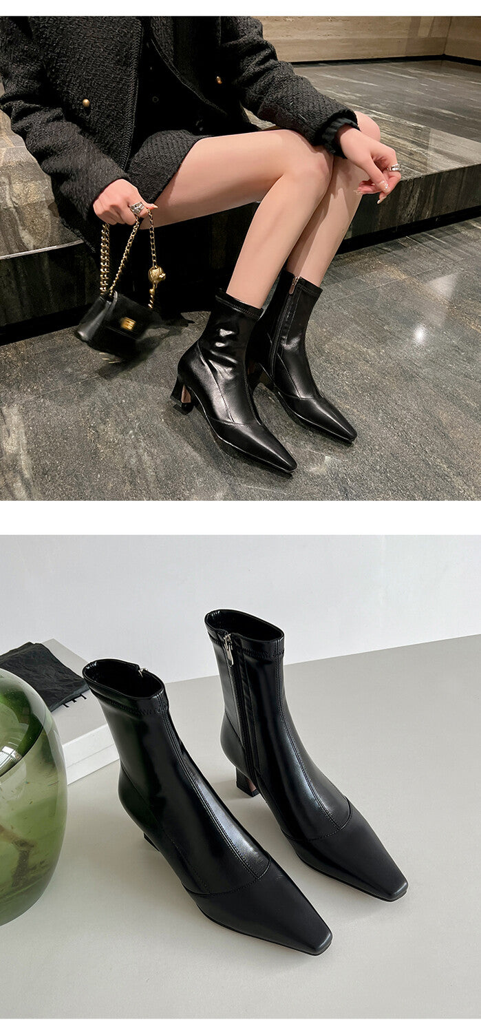 Karin Luna Elegant Small Square Toe Chunky Heel Slim Boots