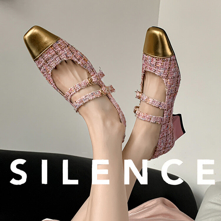 Karin Luna Classic Chanel Style~ Tweed Spring Limit Square Toe Chunky Heel Mary Jane Strap Single Shoes