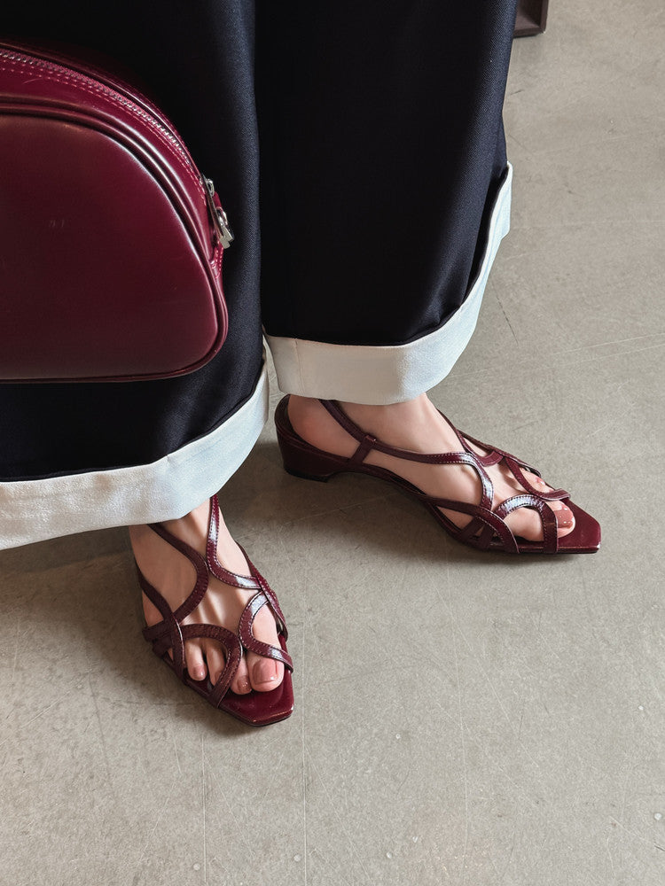 Karin Luna French Hollow Style Small Square Toe Chunky Heel Sandals