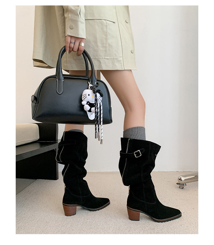 Karin Luna In Stock Spot Goods Retro Cowhide Leather Chunky Heel Suede Long Boots