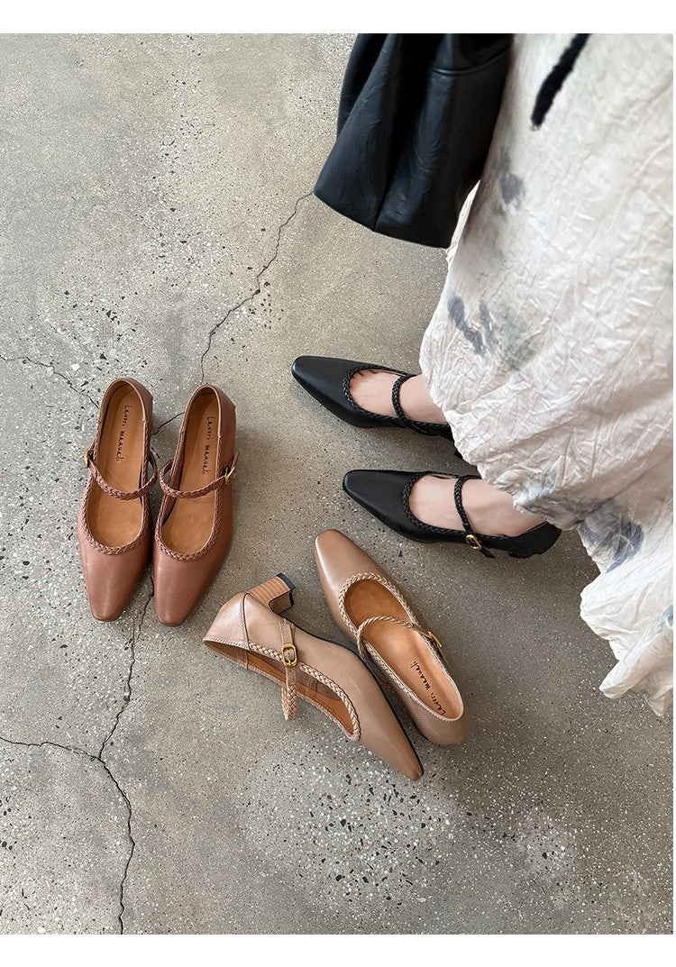 Karin Luna Braided Element Design Chunky Heel Square Toe Single Strap Shoes