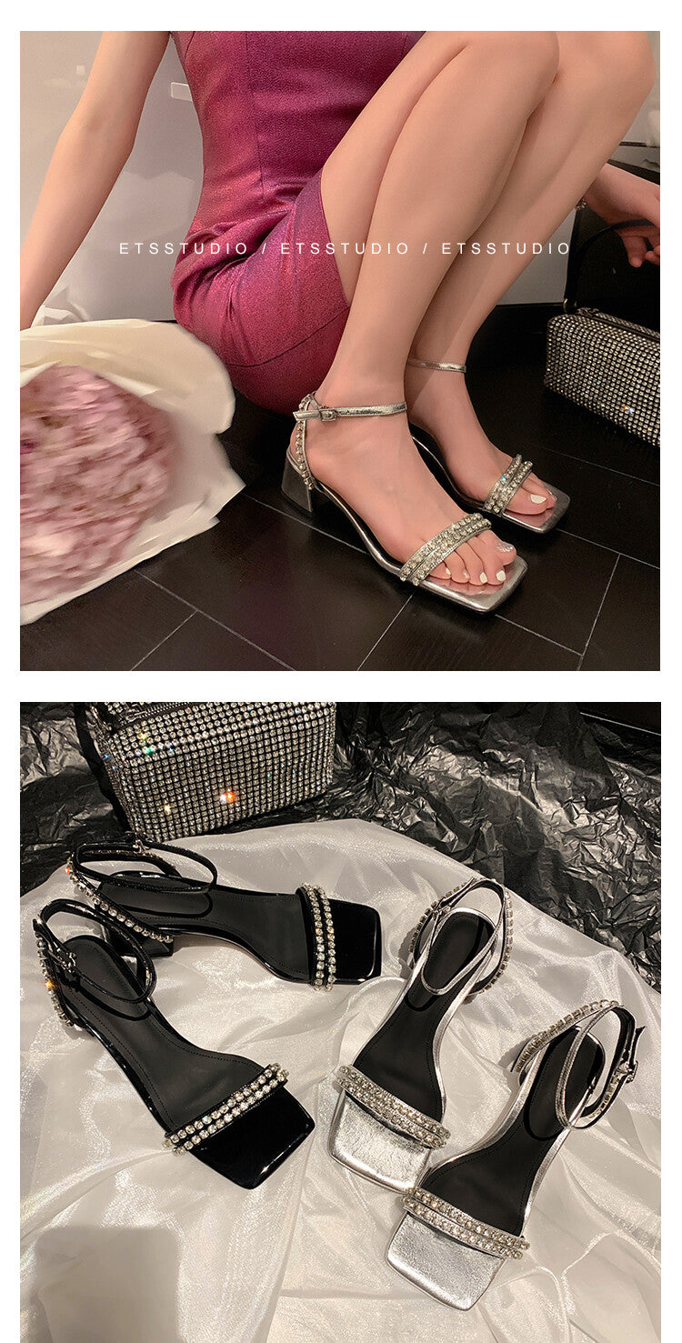 Karin Luna Classic Style   Rhinestone Strap Chunky Heel Open-Toe Sandals