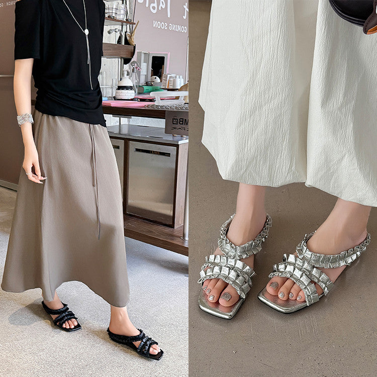 Karin Luna In Stock   Spot Goods  Niche Design Square-Toed Pleated Flat Slippers