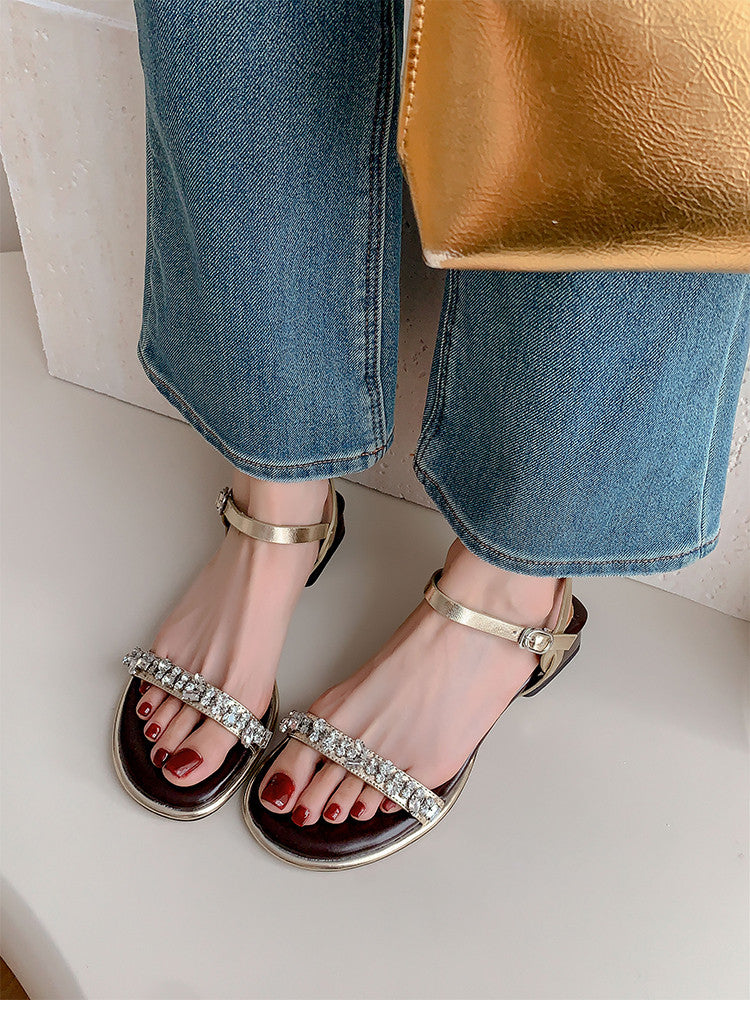 Karin Luna In Stock In Stock  Rhinestone Strap Round Toe Chunky Heel Sandals