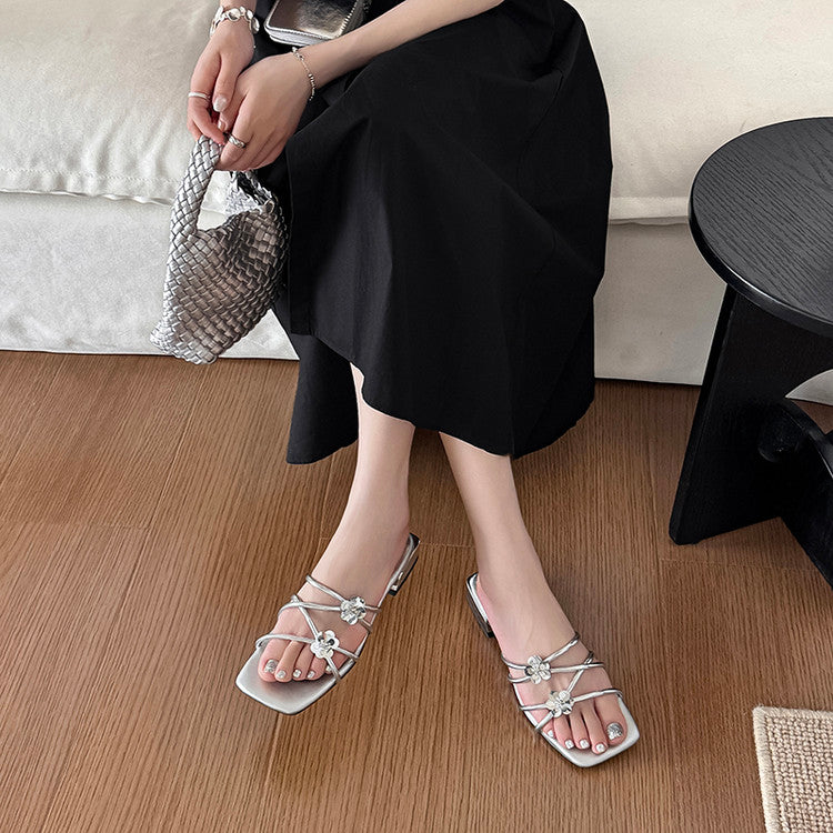 Karin Luna In Stock    Spot Goods    Square Toe One-Strap Sequin Flower Flat Slippers