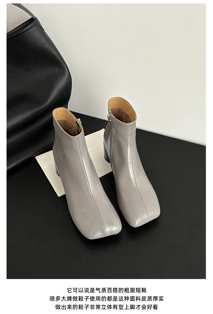 Karin Luna French Style Square Toe Chunky Heel Ankle Boots