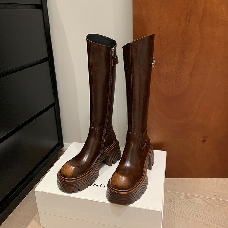 Karin Luna In Stock In Stock  Round Toe Thick Sole Belt Buckle Side Zipper Knight Boots
