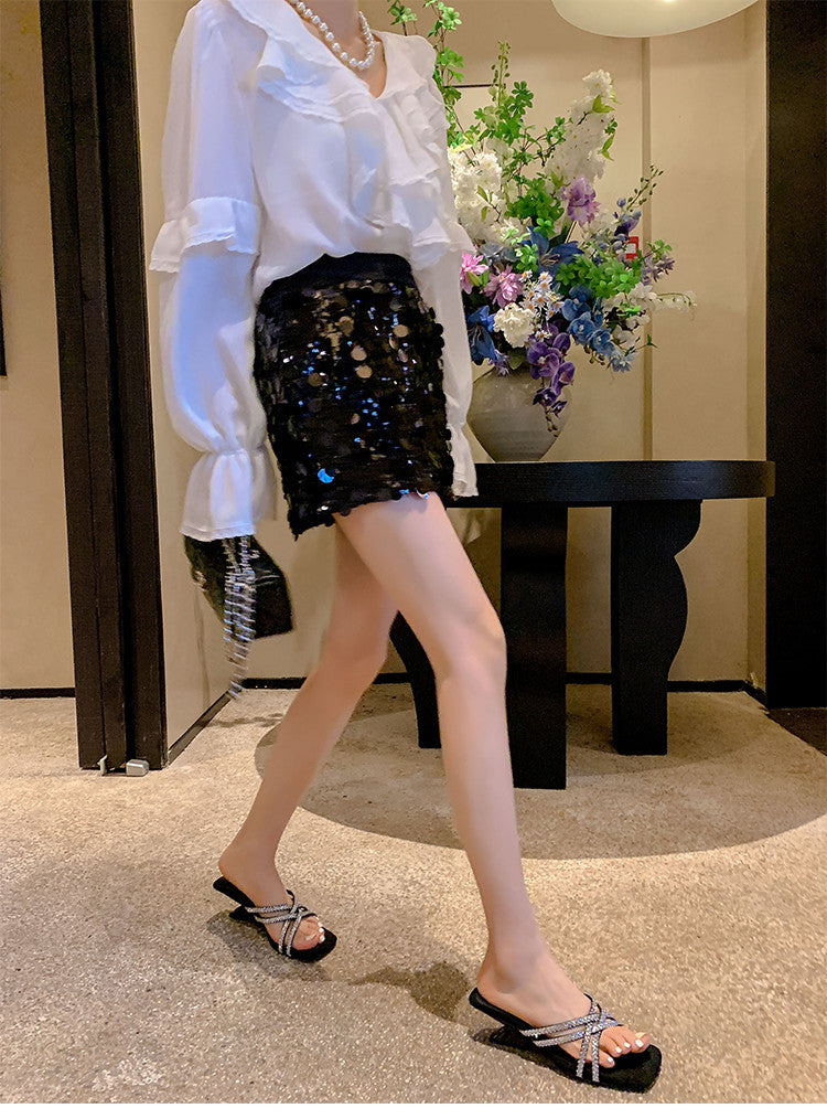 Karin Luna In Stock Spot Goods  Rhinestone Cross Strap Square Toe High Heel Slippers