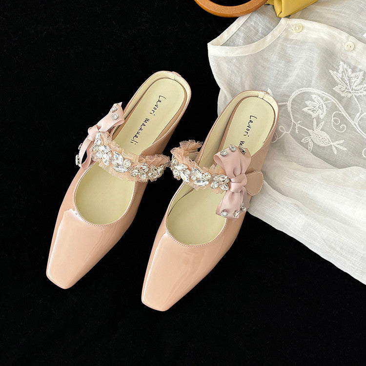 Karin Luna Handmade One-Strap Rhinestone Ribbon Square-Toe Mules