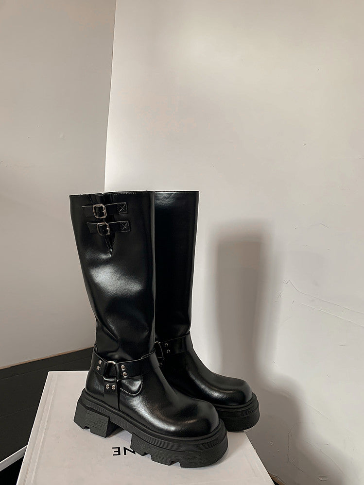 Karin Luna In Stock In Stock  Classic Casual Style Belt Buckle Thick Sole Round Toe Knight Boots Thick Sole